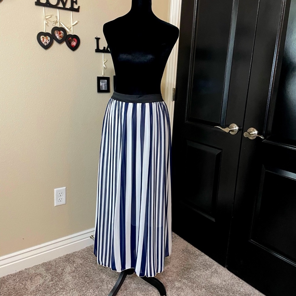 White and Blue Striped Nautical Style Maxi Skirt